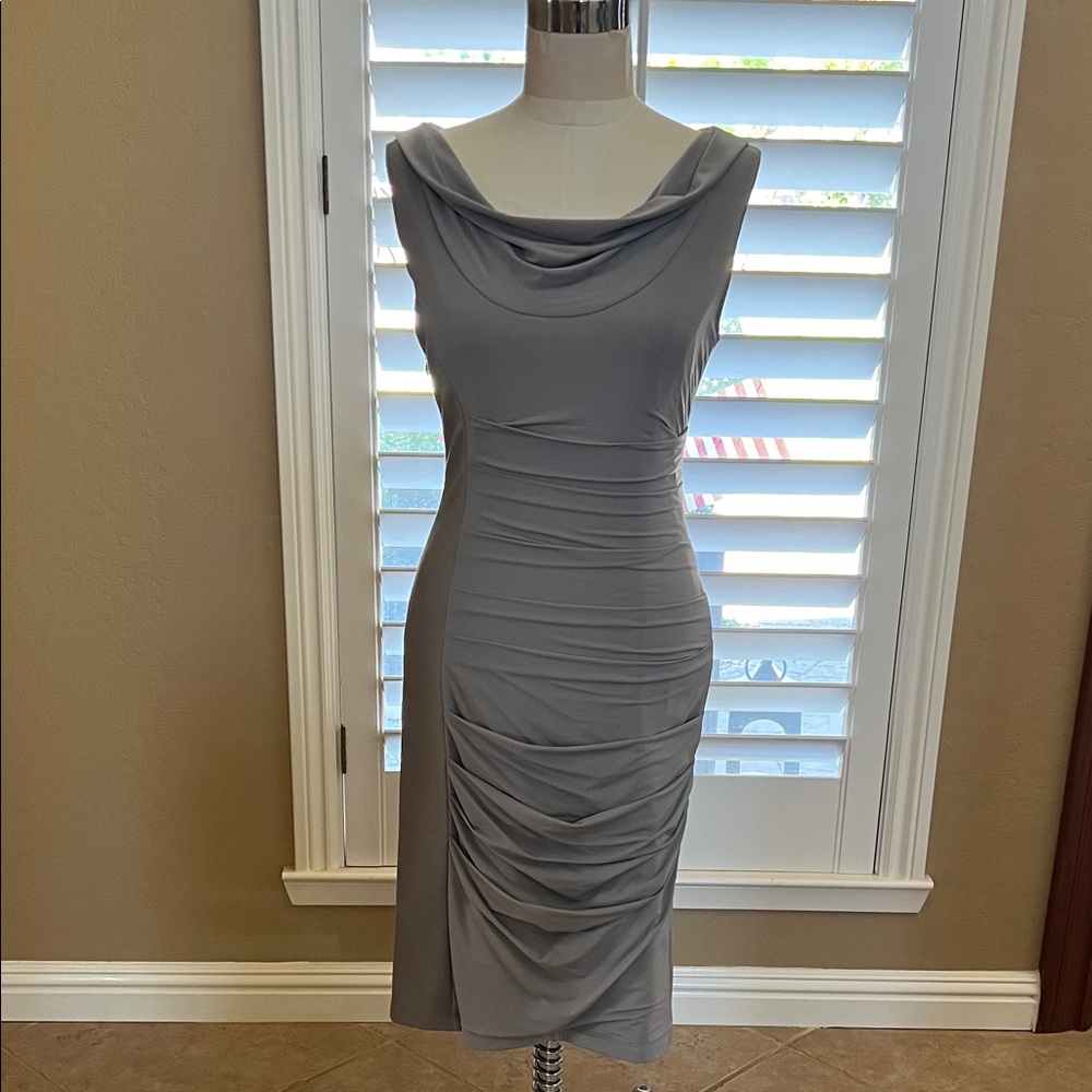 BCBGMaxAzria Silver Draped Midi Dress